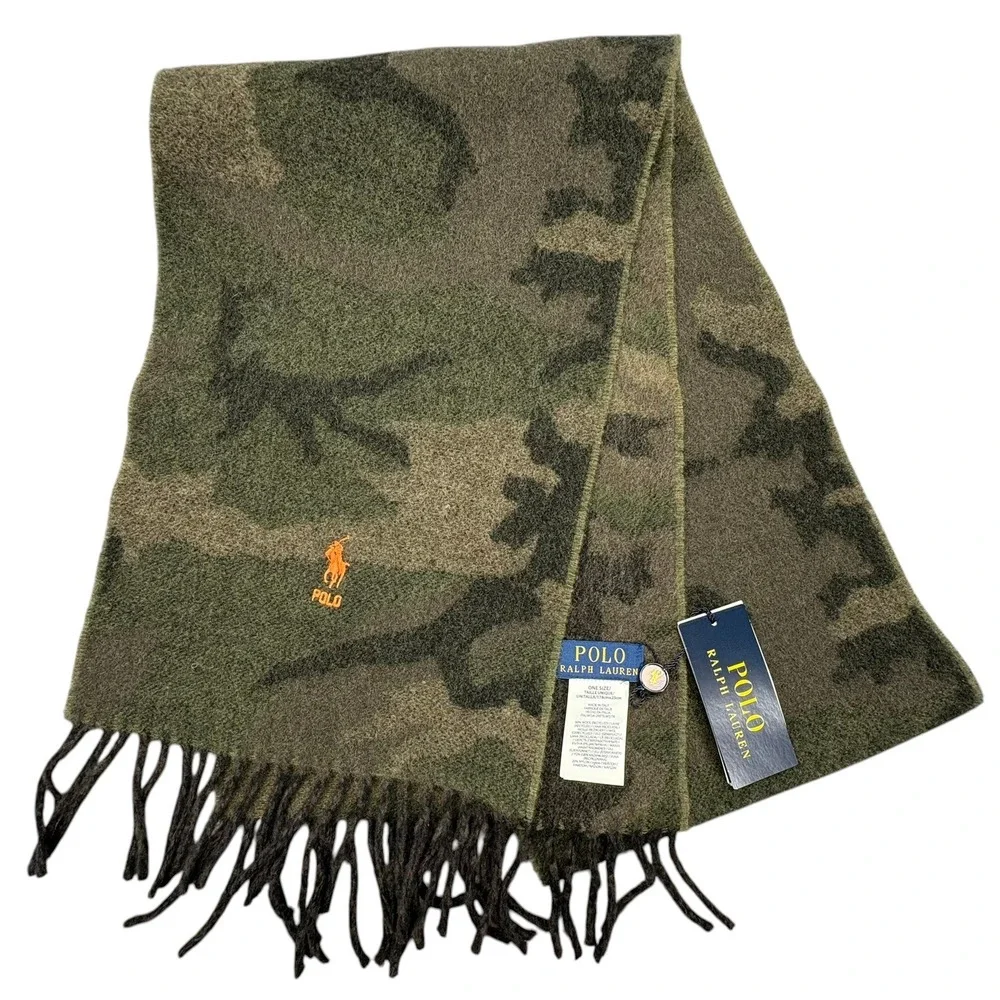 Polo Ralph Lauren Wool Scarf Mens Green Woodland Camo Pony Logo 10x68 Italy NWT